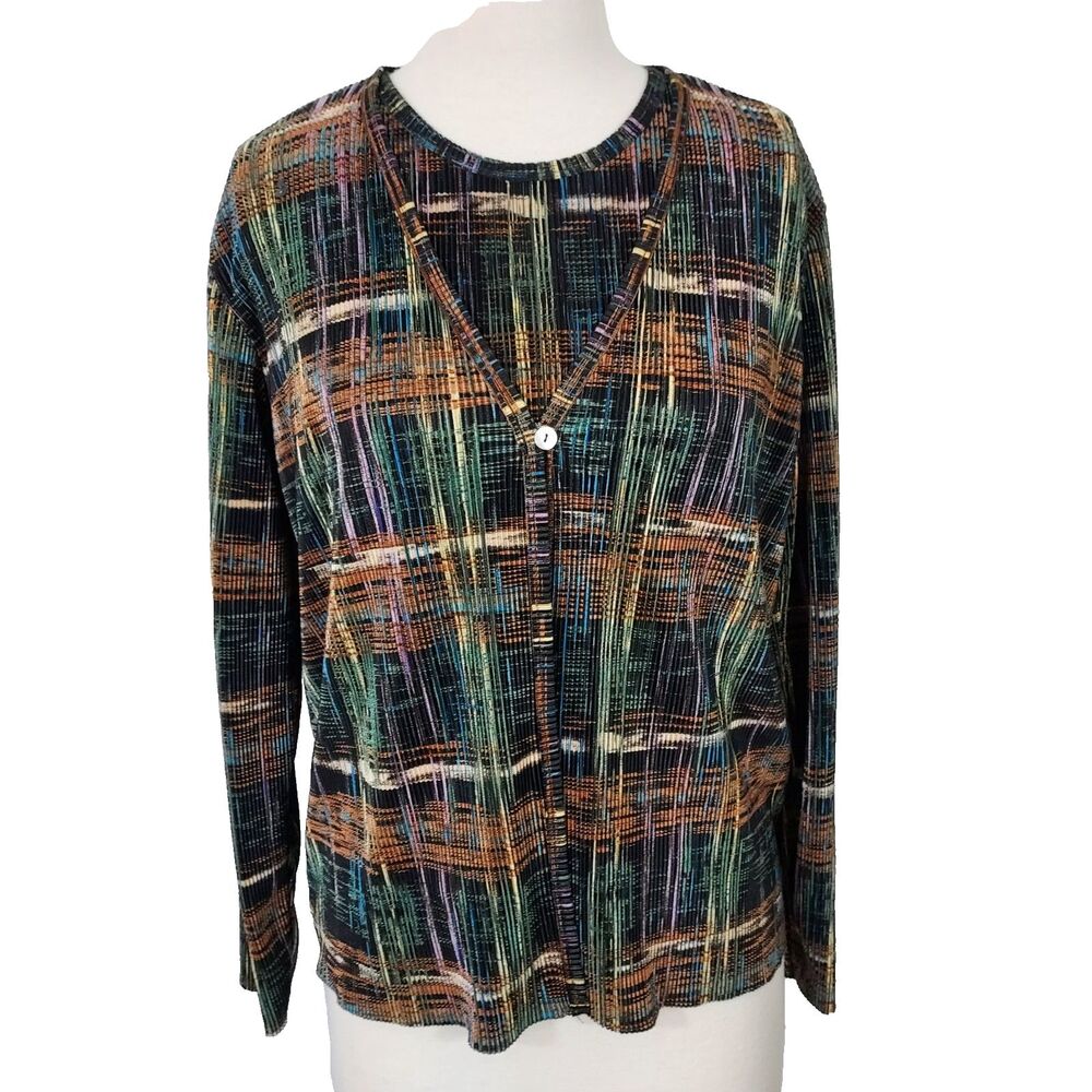 VTG Plisse Cardigan Top Set Abstract Grid Print Mini Pleat Tank Size L Earthy